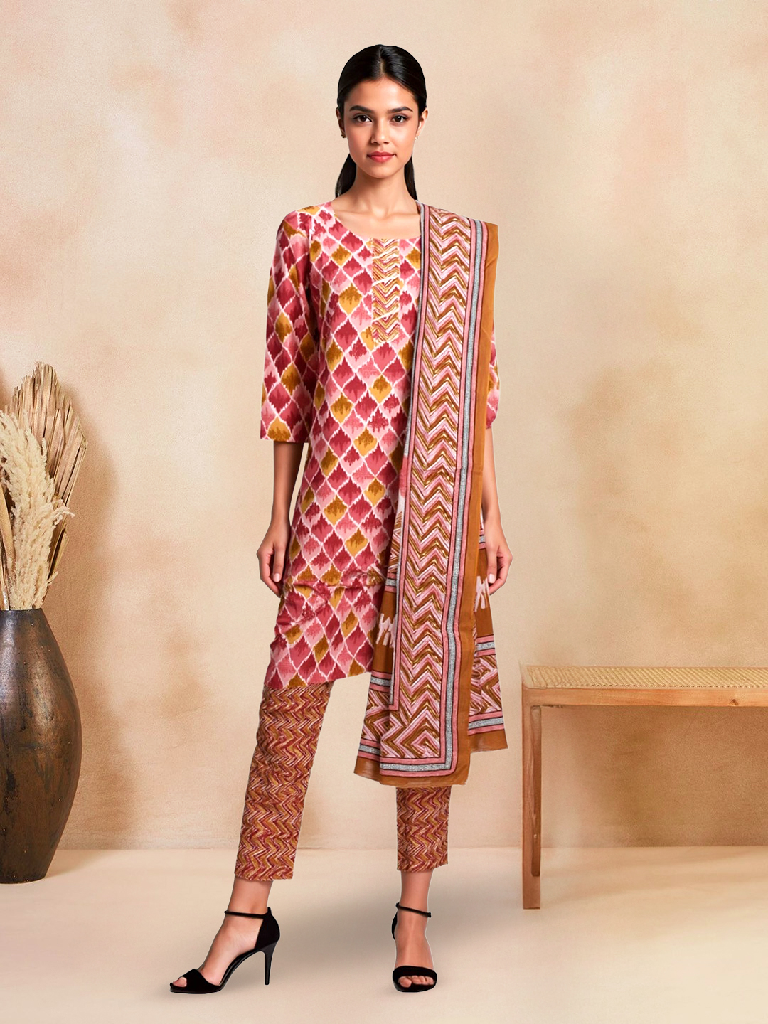 Picture of Vibrant Ikat Printed Kurta with Pant & Dupatta Set